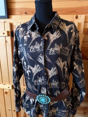 Bit & Bridle Black Western Horse & Wheat Print Shirt